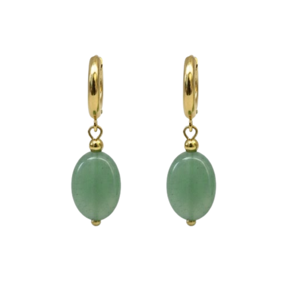 Oval Natural Stone Dangling Hoop Earrings - Pair - Gold PVD Stainless Steel