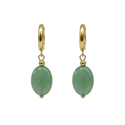Oval Natural Stone Dangling Hoop Earrings - Pair - Gold PVD Stainless Steel