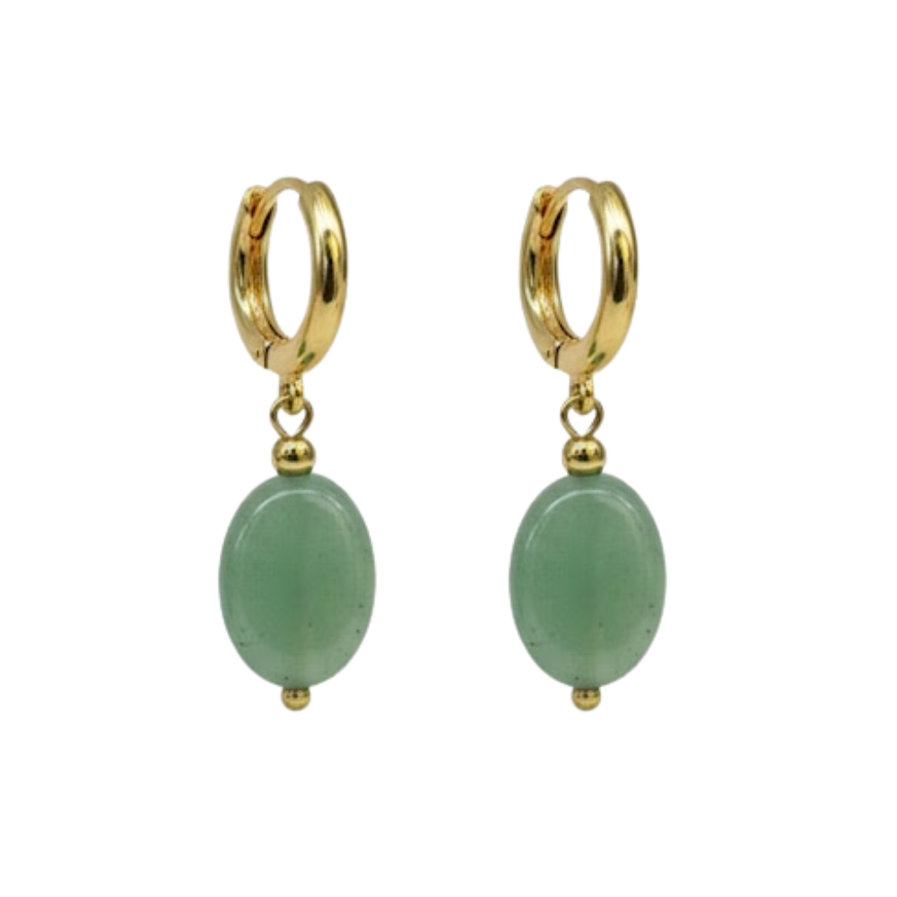 Oval Natural Stone Dangling Hoop Earrings - Pair - Gold PVD Stainless Steel