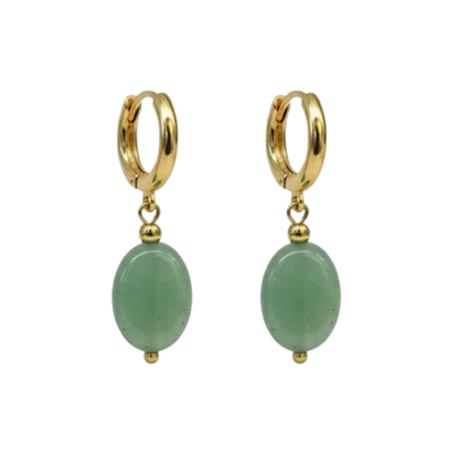 Oval Natural Stone Dangling Hoop Earrings - Pair - Gold PVD Stainless Steel