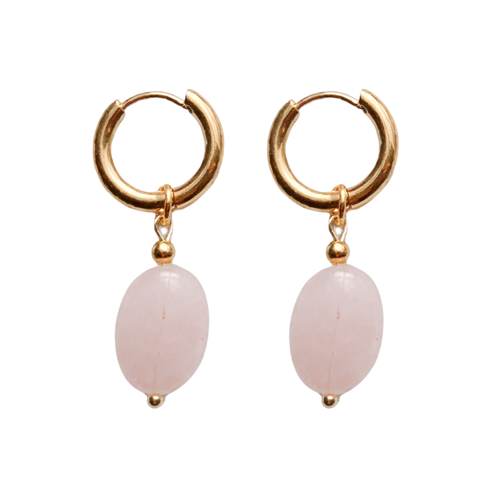 Oval Natural Stone Dangling Hoop Earrings - Pair - Gold PVD Stainless Steel