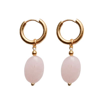 Oval Natural Stone Dangling Hoop Earrings - Pair - Gold PVD Stainless Steel