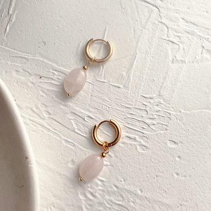 Oval Natural Stone Dangling Hoop Earrings - Pair - Gold PVD Stainless Steel