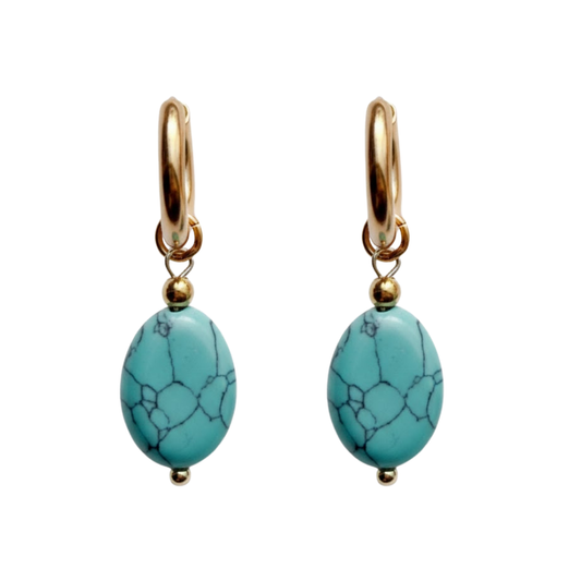 Oval Natural Stone Dangling Hoop Earrings - Pair - Gold PVD Stainless Steel
