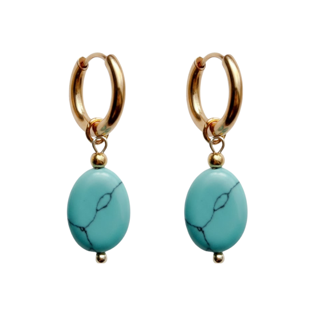 Oval Natural Stone Dangling Hoop Earrings - Pair - Gold PVD Stainless Steel