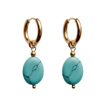 Oval Natural Stone Dangling Hoop Earrings - Pair - Gold PVD Stainless Steel