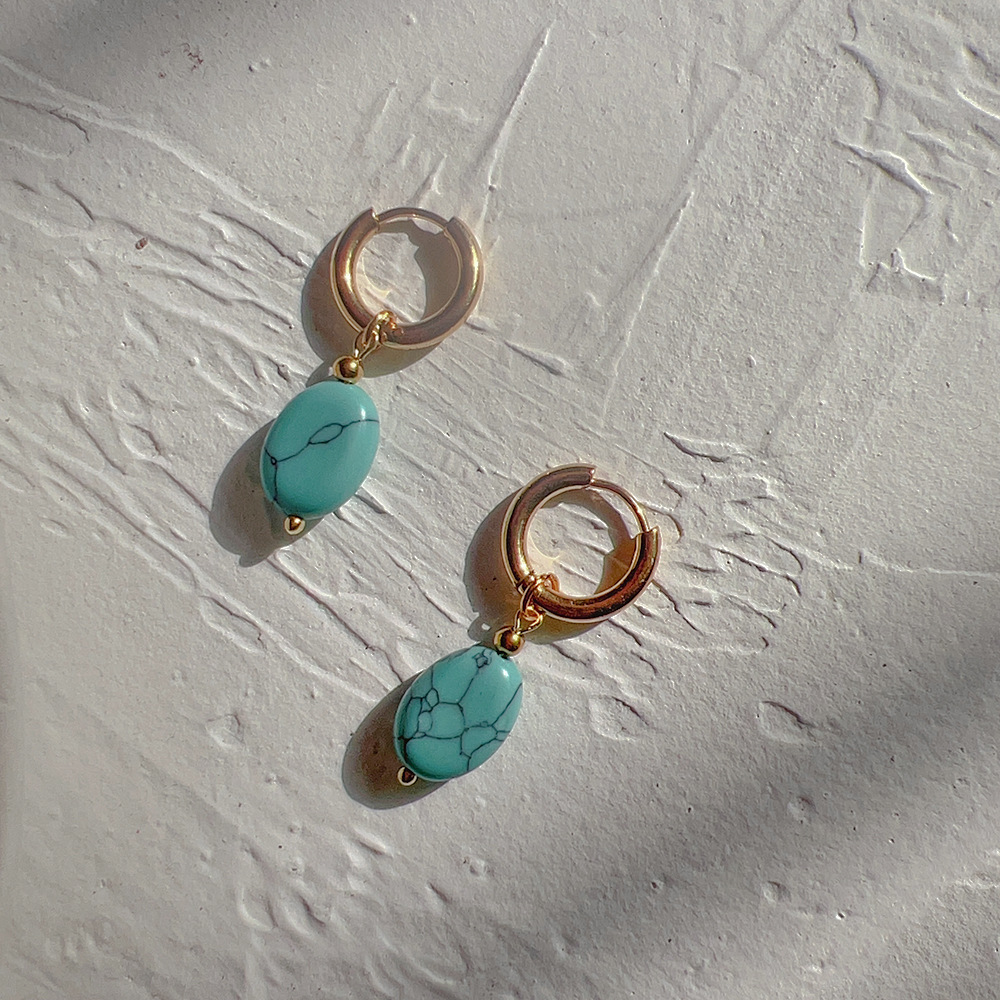 Oval Natural Stone Dangling Hoop Earrings - Pair - Gold PVD Stainless Steel