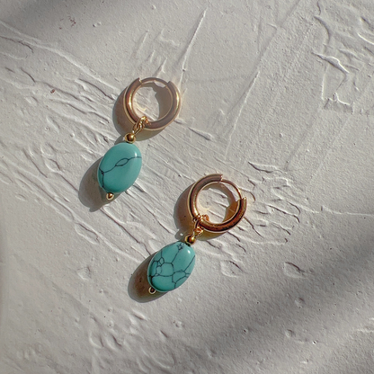 Oval Natural Stone Dangling Hoop Earrings - Pair - Gold PVD Stainless Steel