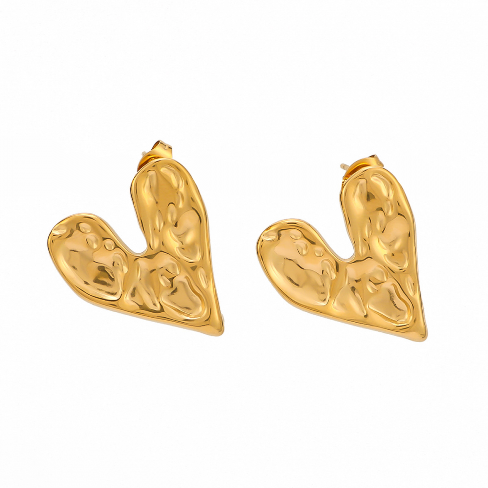 Hammered Heart Stud Earrings - Pair - 18K Gold PVD Stainless Steel