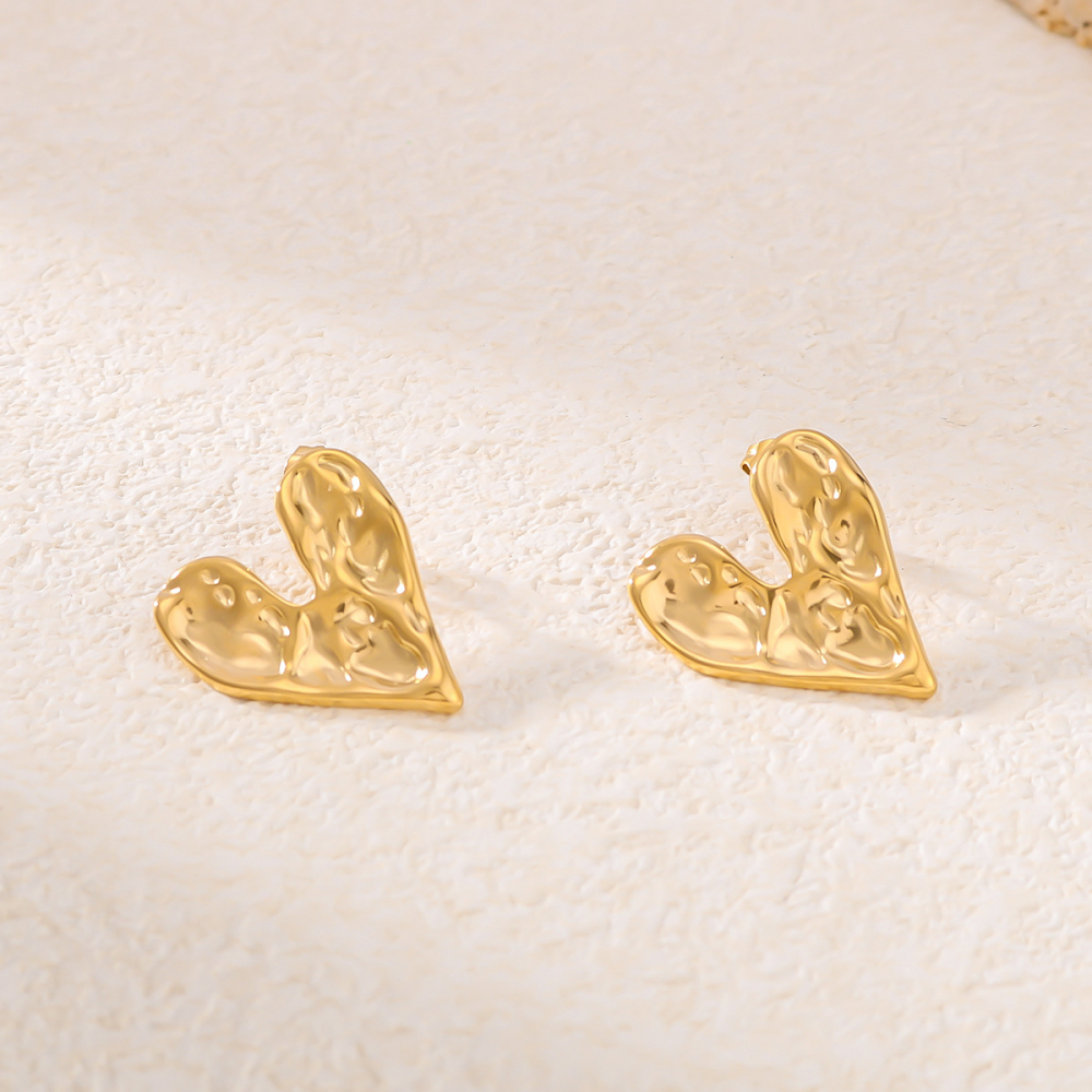 Hammered Heart Stud Earrings - Pair - 18K Gold PVD Stainless Steel