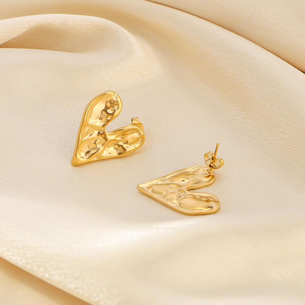 Hammered Heart Stud Earrings - Pair - 18K Gold PVD Stainless Steel