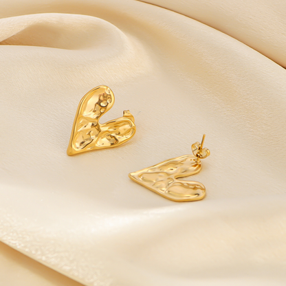 Hammered Heart Stud Earrings - Pair - 18K Gold PVD Stainless Steel