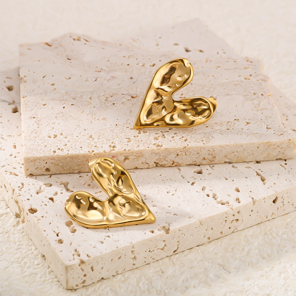 Hammered Heart Stud Earrings - Pair - 18K Gold PVD Stainless Steel