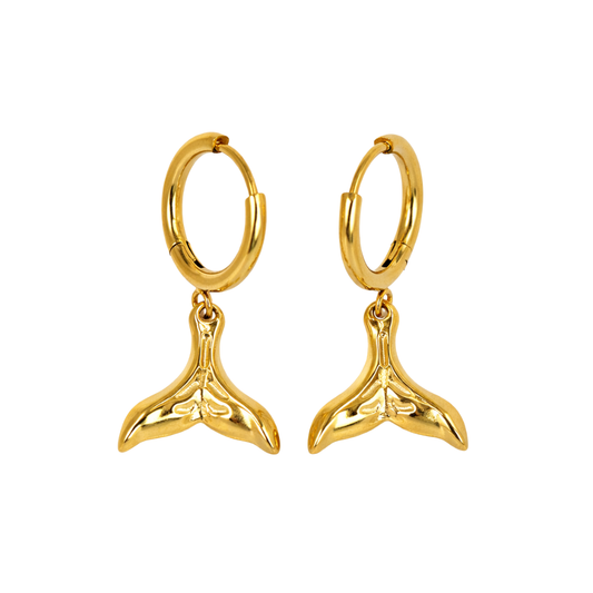 Whale Tail Dangling Hoop Earrings - Pair - Gold PVD Stainless Steel