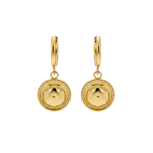 Shell Charm Dangling Hoop Earrings - Pair - Gold PVD Stainless Steel