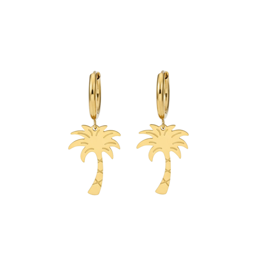 Palm Tree Dangling Hoop Earrings - Pair - Gold PVD Stainless Steel