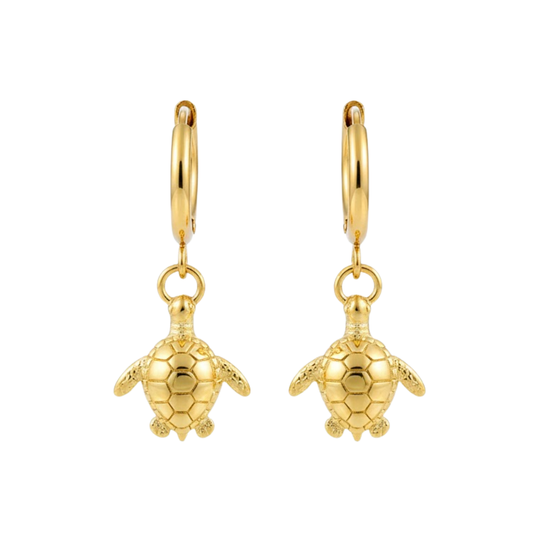 Sea Turtle Dangling Hoop Earrings - Pair - Gold PVD Stainless Steel