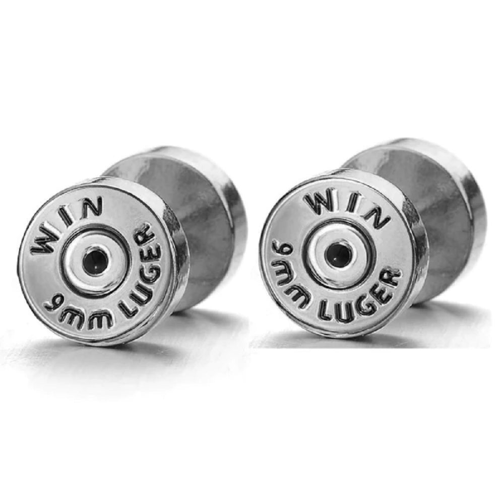 Winchester 9mm Luger Bullet Casing Fake Cheater Plugs - 316L Stainless Steel - Pair
