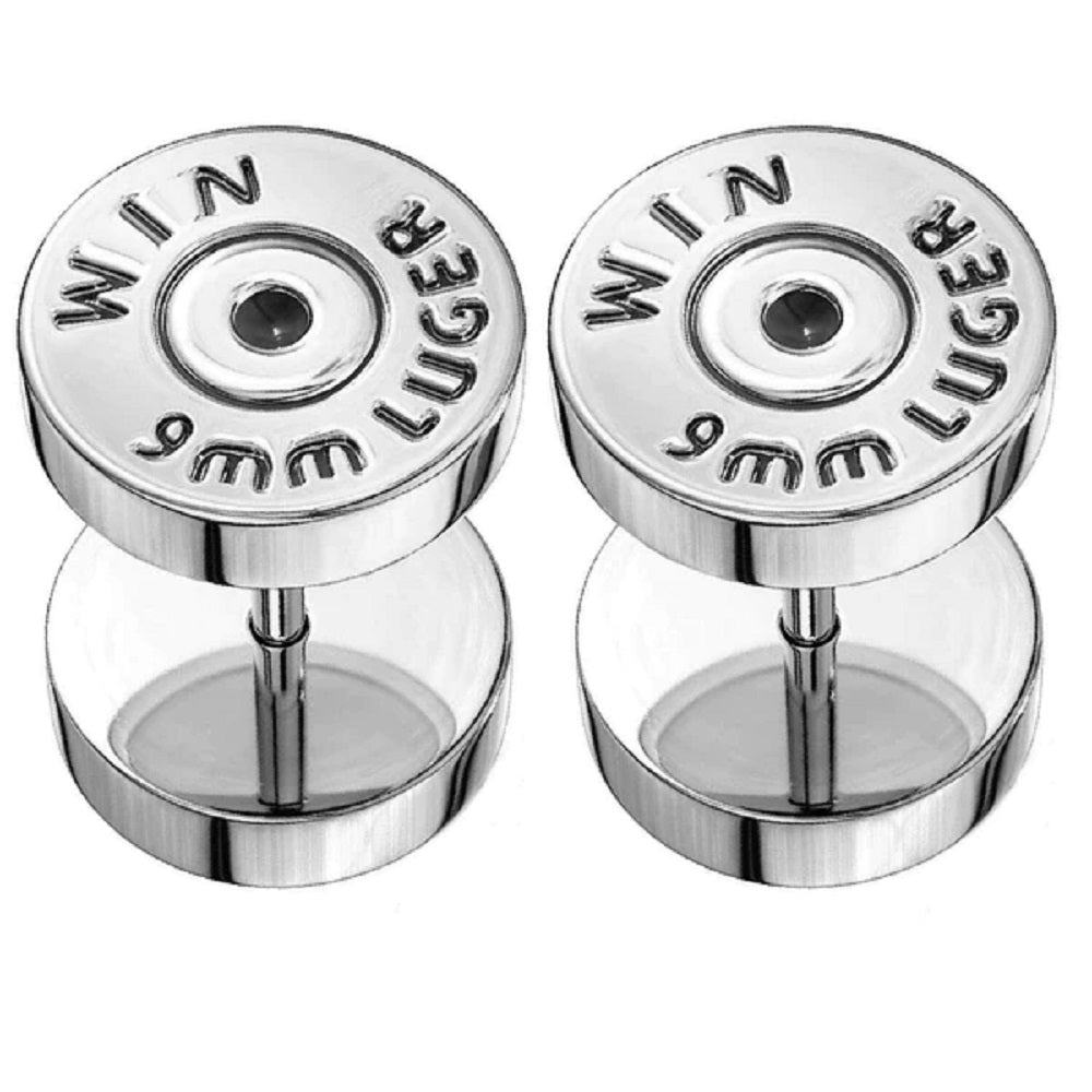 Winchester 9mm Luger Bullet Casing Fake Cheater Plugs - 316L Stainless Steel - Pair
