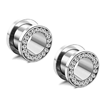 CZ Crystal Lined Rim Screw Fit Tunnels - 316L Stainless Steel - Pair