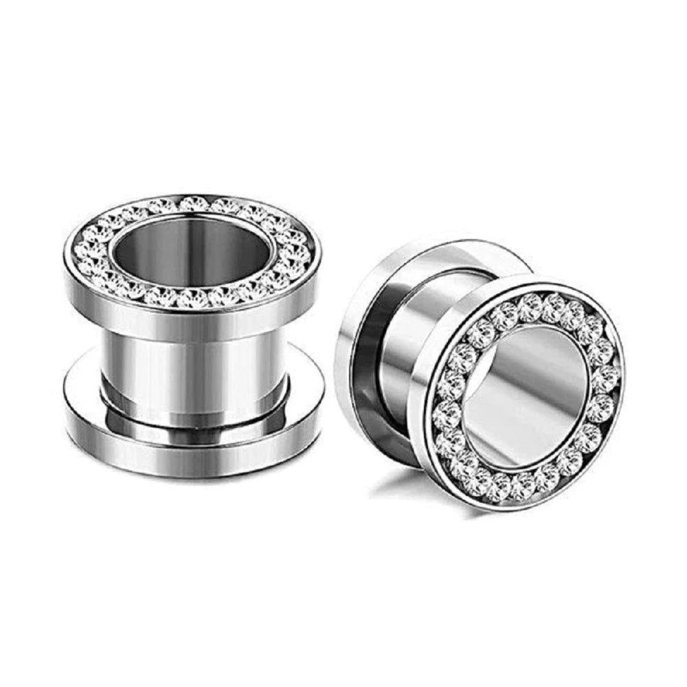 CZ Crystal Lined Rim Screw Fit Tunnels - 316L Stainless Steel - Pair