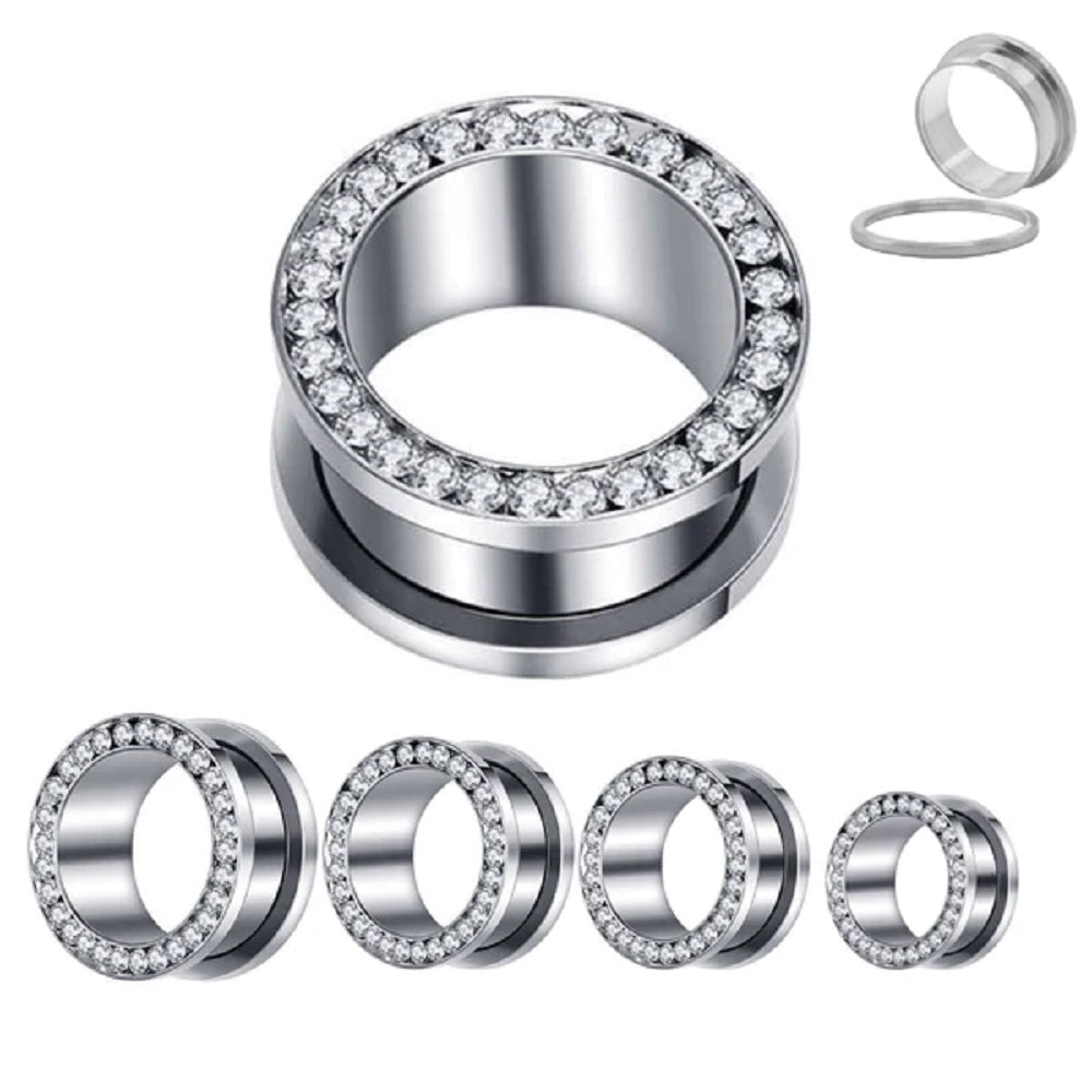 CZ Crystal Lined Rim Screw Fit Tunnels - 316L Stainless Steel - Pair