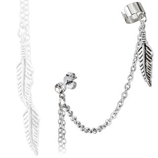 Dangling Feather Cuff with Connecting Chain Stud Earring - 316L Surgical Steel