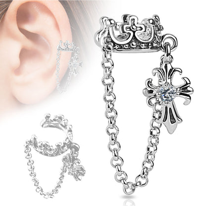 Crown and Dangling Crystal Cross Chained Non-Piercing Conch Cuff