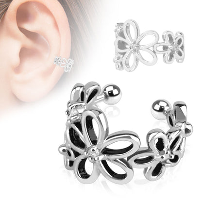 Multi Flower and CZ Crystal Non-Piercing Adjustable Ear Cuff