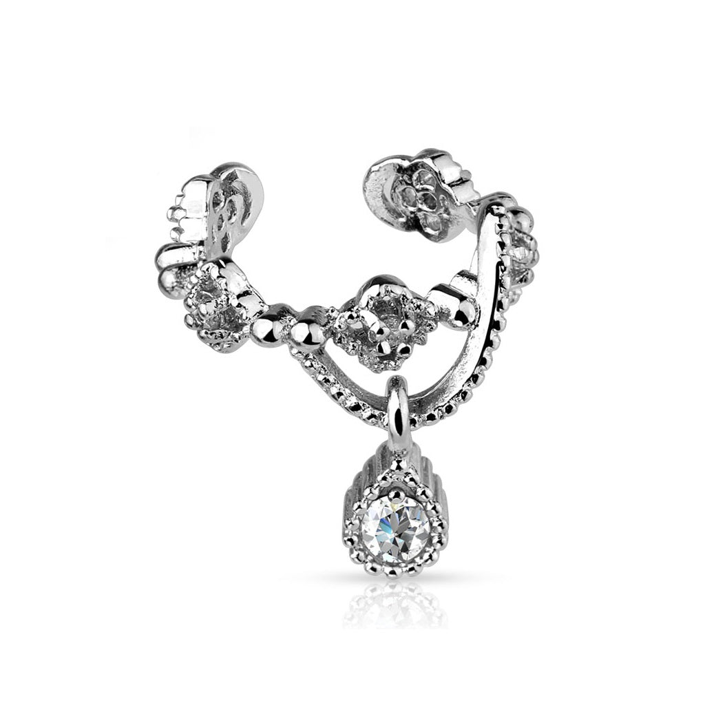 CZ Crystal Lined Chain Non-Piercing Cartilage Ear Cuff with Dangling Gem