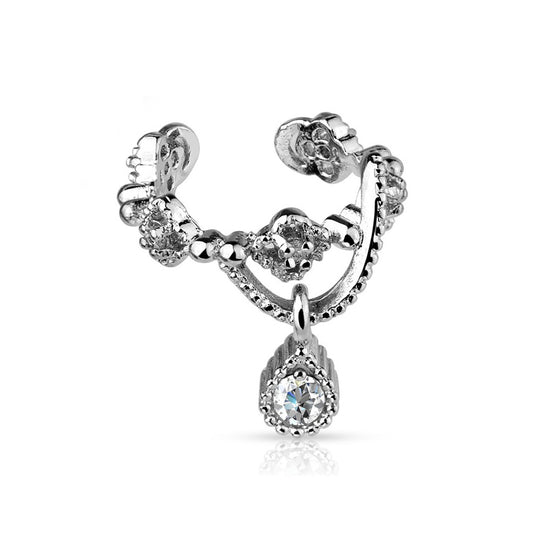 CZ Crystal Lined Chain Non-Piercing Cartilage Ear Cuff with Dangling Gem