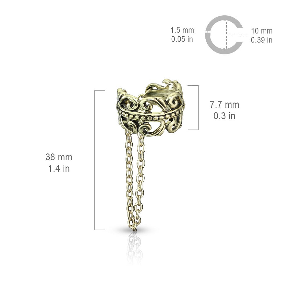 Celtic Heart Filigree Non-Piercing Cartilage Adjustable Ear Cuff with Dangling Chain