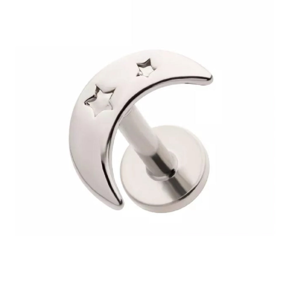 Threadless Crescent Moon with Cut Out Stars Flat Back Stud - 316L Stainless Steel