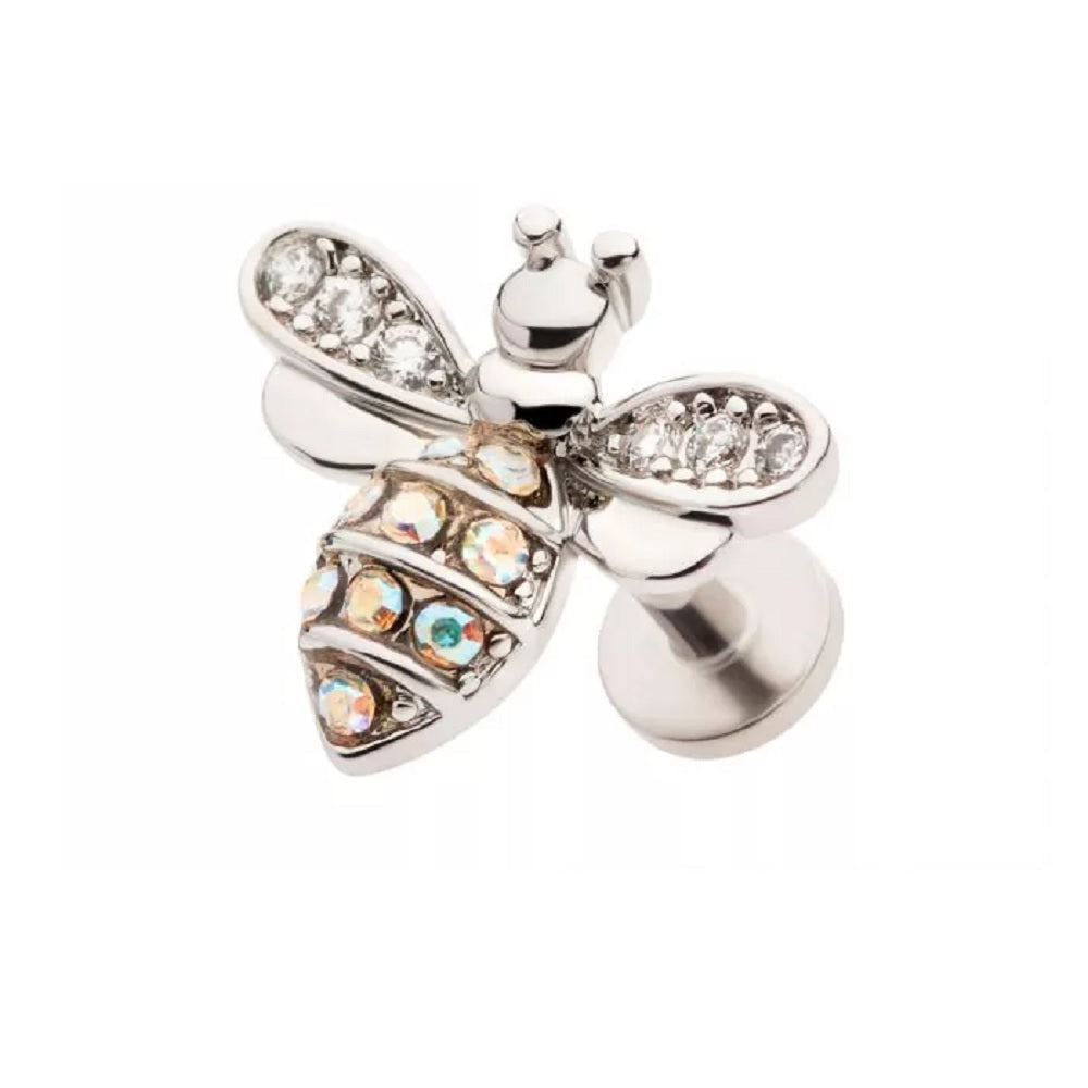 CZ Crystal Paved Bee Threadless Flat Back Stud - 316L Stainless Steel