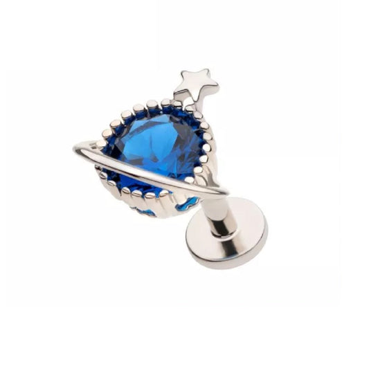 Blue CZ Crystal Planet and Star Threadless Flat Back Stud - 316L Stainless Steel