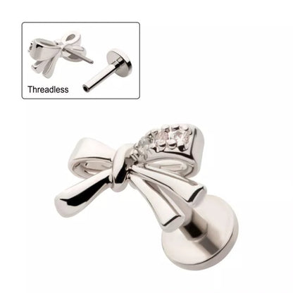 Threadless Push-In CZ Crystal Bow Ribbon Flat Back Stud - 316L Stainless Steel