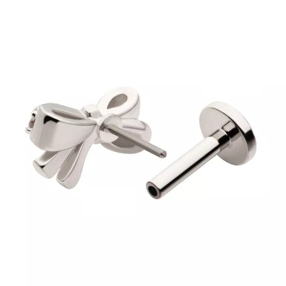 Threadless Push-In CZ Crystal Bow Ribbon Flat Back Stud - 316L Stainless Steel