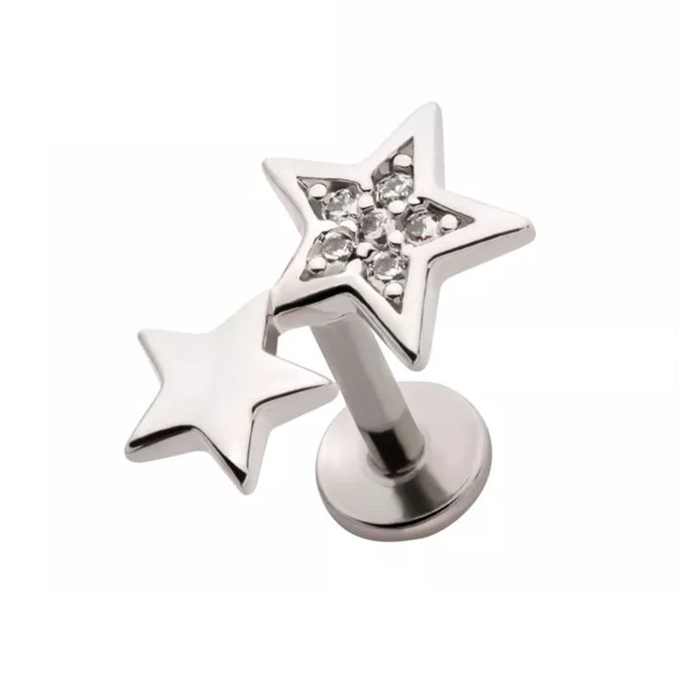 Threadless Push-In CZ Crystal Double Star Flat Back Stud - 316L Stainless Steel