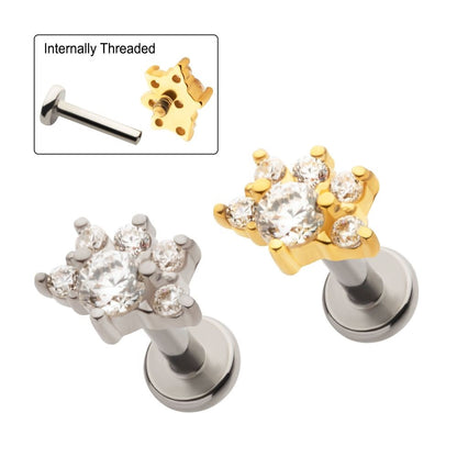 Internally Threaded CZ Crystal Multi CZ Crystal Cluster Flat Back Stud - 316L Stainless Steel