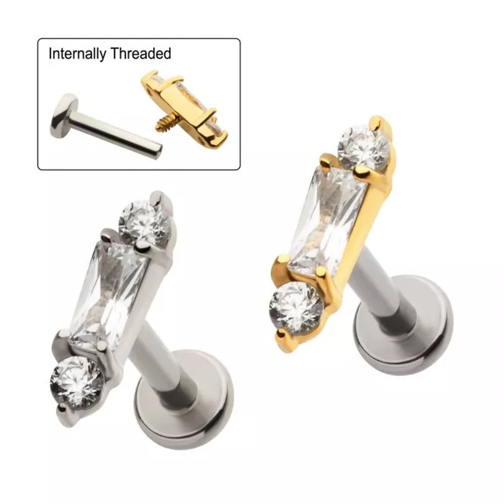 Internally Threaded Baguette CZ Crystal Cluster Flat Back Stud - 316L Stainless Steel