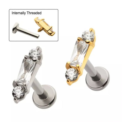 Internally Threaded Baguette CZ Crystal Cluster Flat Back Stud - 316L Stainless Steel