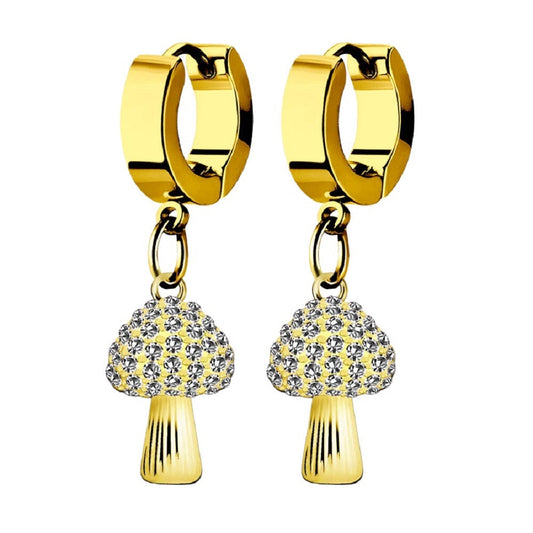 Crystal Studded Mushrooms Dangling Huggie Hoop Earrings - Gold PVD Plated Stainless Steel - Pair