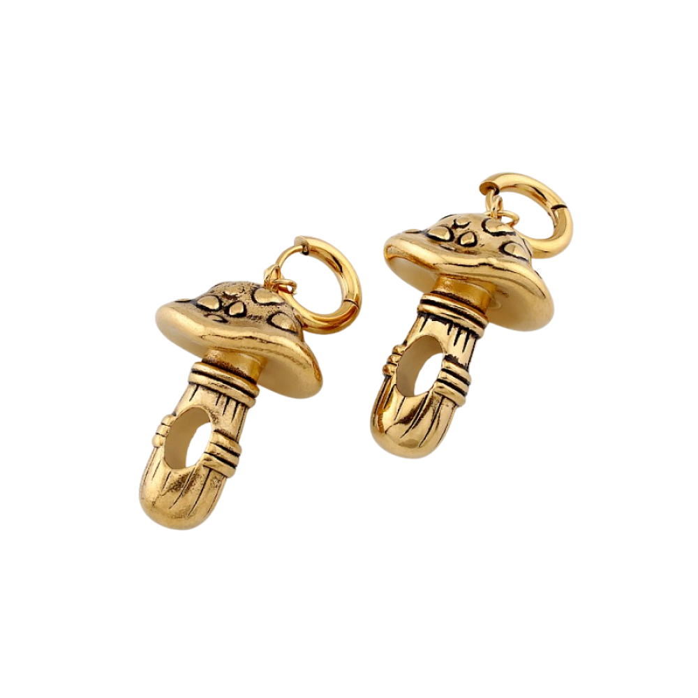 Heavy Mushroom Dangling Hoop Earrings - Pair - 316L Stainless Steel