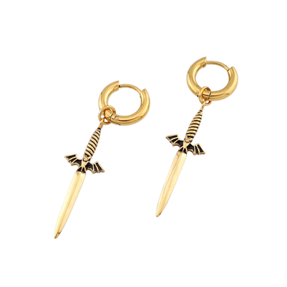 Bat Dagger Dangling Hoop Earrings - Pair - 316L Stainless Steel