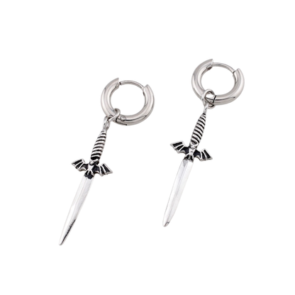 Bat Dagger Dangling Hoop Earrings - Pair - 316L Stainless Steel