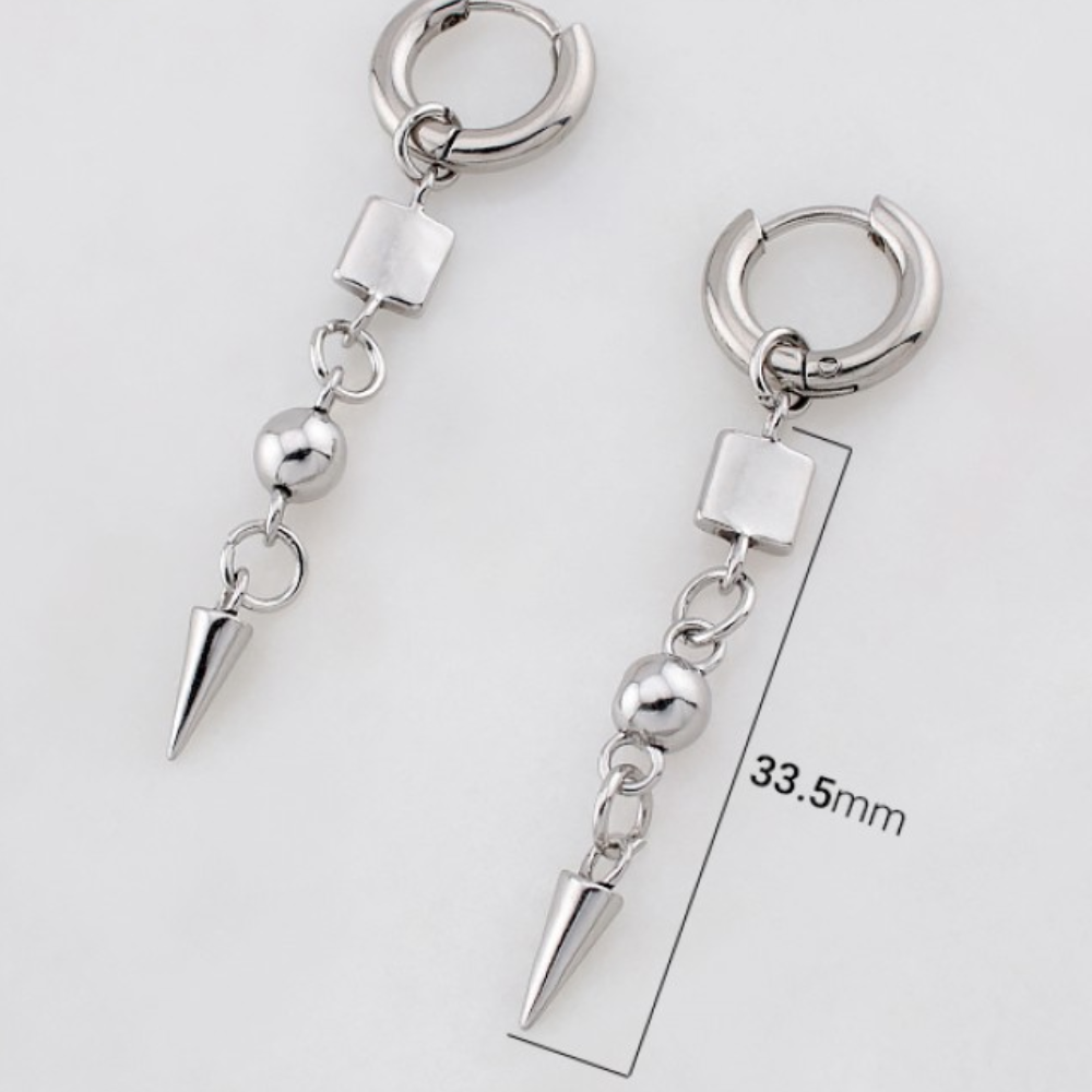 Cube Ball Spike Dangling Hoop Earrings - Pair - 316L Stainless Steel