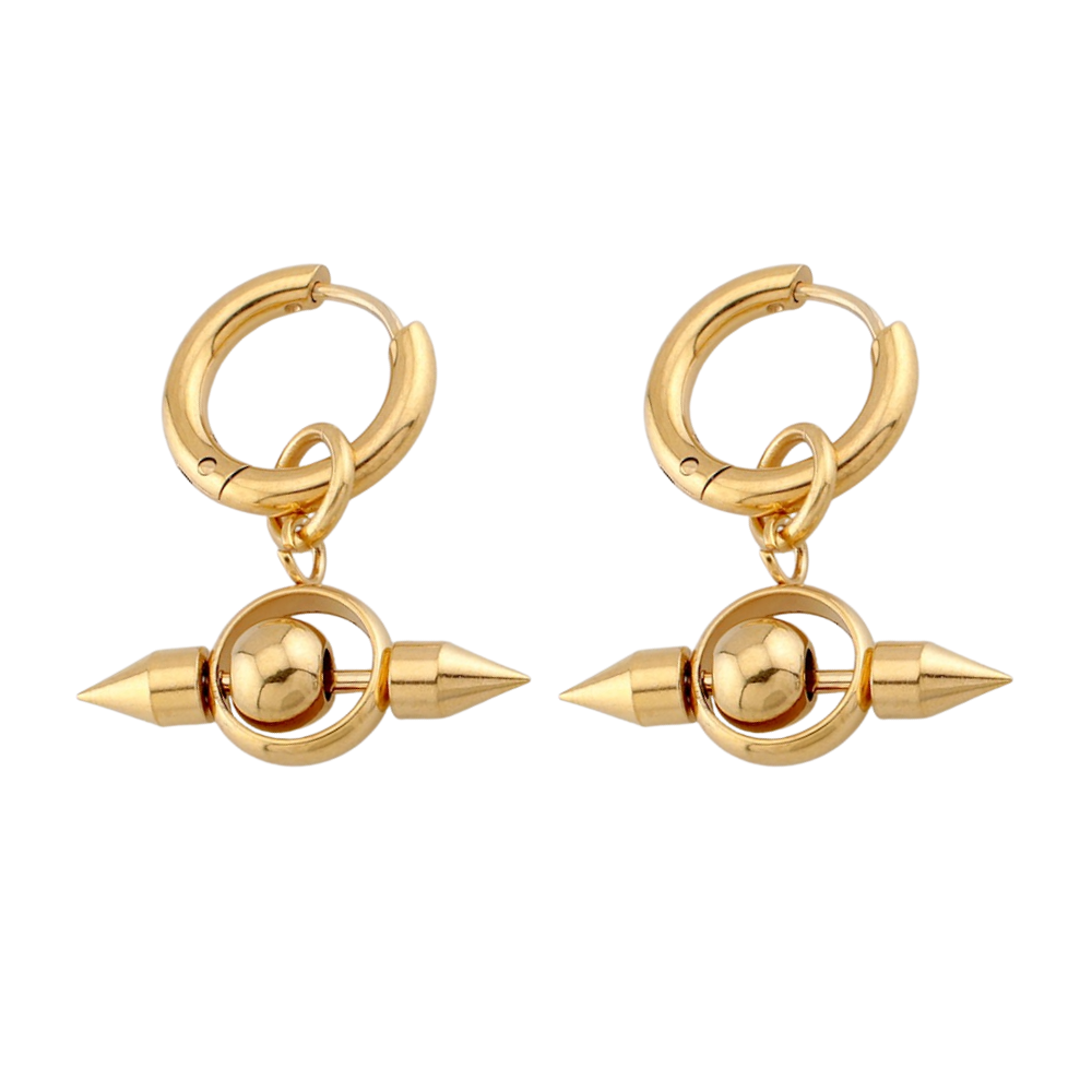 Gothic Double Spike Ball Dangling Hoop Earrings - Pair - 316L Stainless Steel