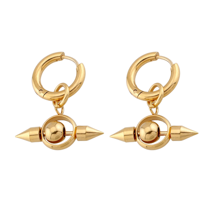 Gothic Double Spike Ball Dangling Hoop Earrings - Pair - 316L Stainless Steel