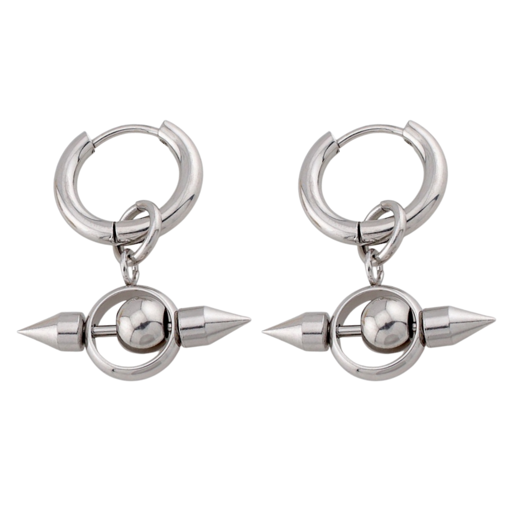 Gothic Double Spike Ball Dangling Hoop Earrings - Pair - 316L Stainless Steel