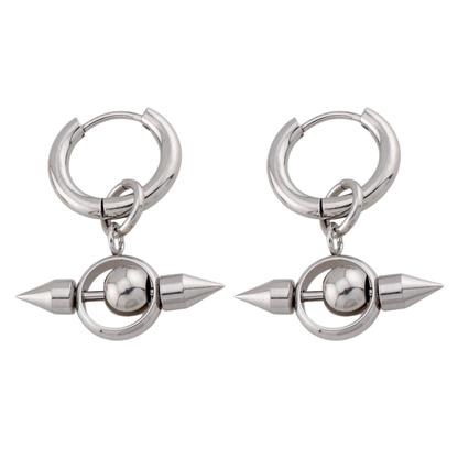 Gothic Double Spike Ball Dangling Hoop Earrings - Pair - 316L Stainless Steel